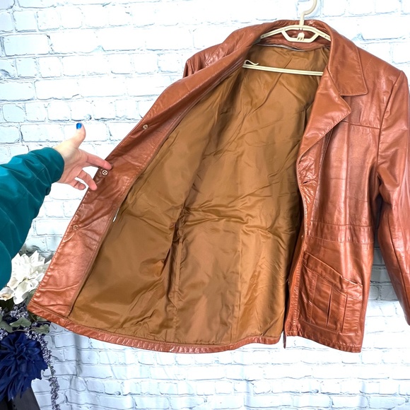 🚫🚫🚫SOLD! VINTAGE |•Tobacco Color Retro Leather Jacket•| - Picture 6 of 12